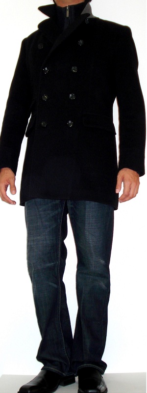 Men's Black Pea Coat Black Dress Shoes Dark Blue Turtleneck Sweater