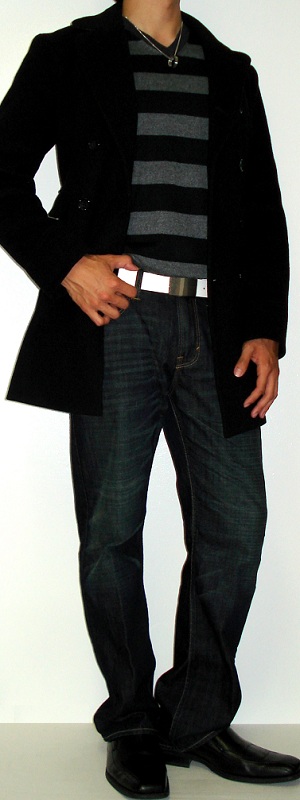 Men's Black Pea Coat Black Striped Sweater Black Leather Shoes