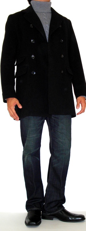 Men's Black Pea Coat Gray Turtleneck Sweater Black Dress Shoes