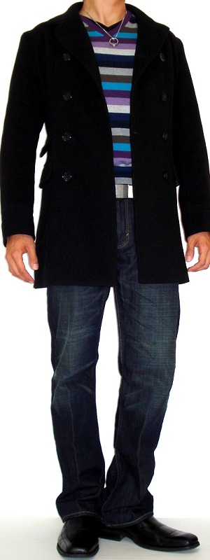 Men's Black Pea Coat Purple Striped Sweater Dark Blue Jeans Black Dress Shoes