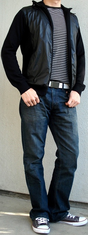 Men's Black Perforated Jacket Black White Striped T-Shirt White Belt Gray Shoes