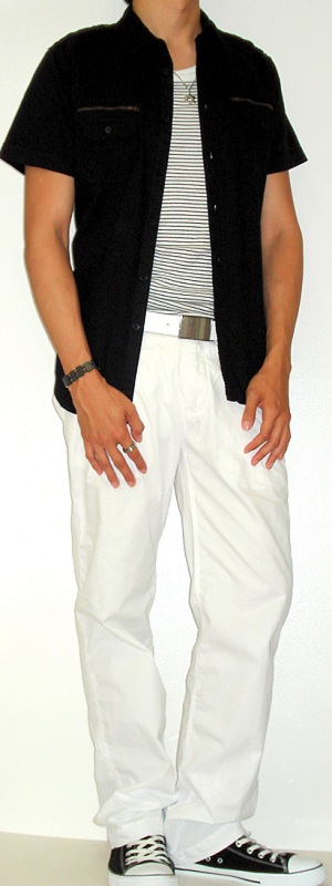 Men's Black Shirt Black Striped Tank Vest Black Sneakers White Belt White Pants