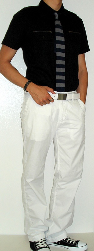 Men's Black Short Sleeve Shirt Black Shoes Blue Gray Silk Tie White Belt White Pants
