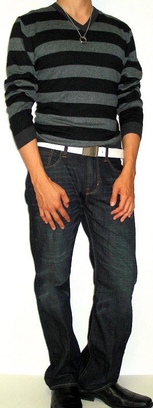 Men's Black Striped Sweater Dark Blue Jeans White Leather Belt Black Dress Shoes