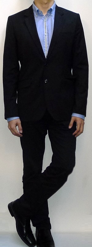 Men's Black Suit Blazer Blue Shirt With White Placket Black Belt Black Dress Pants Black Leather Loafers