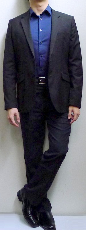 Men's Black Suit Dark Blue Dress Shirt Black Dress Shoes Black Leather Belt