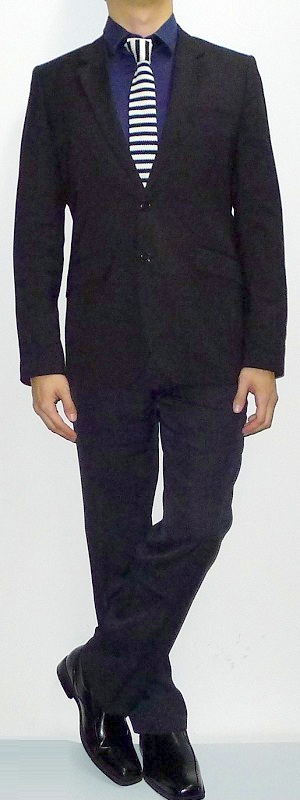 Men's Black Suit Dark Blue Dress Shirt Black White Striped Necktie Black Dress Shoes