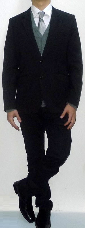 Men's Black Suit Jacket Gray Cardigan Silver Tie White Dress Shirt Black Suit Pants Black Leather Shoes