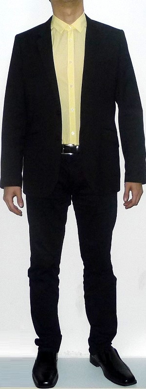 Men's Black Suit Jacket Yellow Dress Shirt Black Belt Black Suit Pants Black Leather Shoes