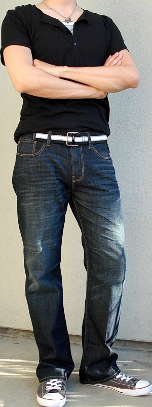 Men's Black T-Shirt Black Webbing Belt Dark Blue Jeans Gray Shoes
