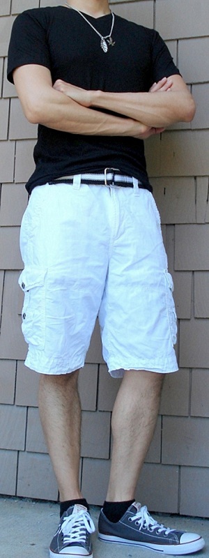 Men's Black T-Shirt Black Webbing Belt White Shorts Gray Shoes