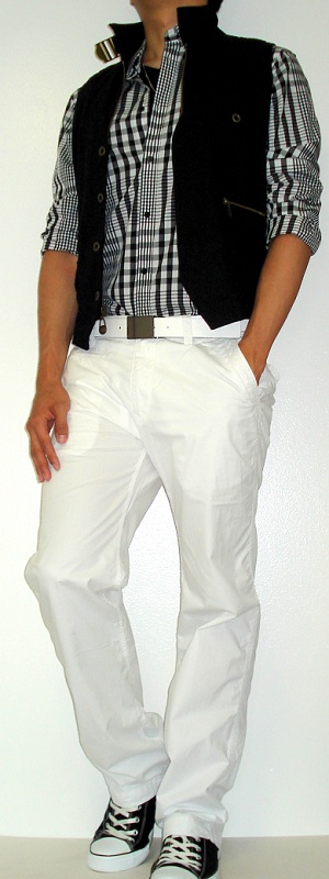 Black Vest Black Checked Shirt White Belt White Pants Black Canvas Shoes