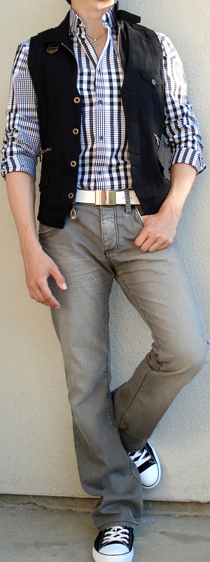 black and white checkered shirt outfit