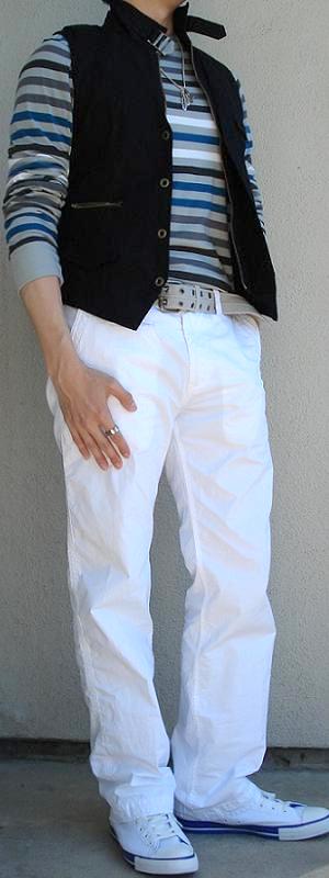 Men's Black Vest Grey Striped T-Shirt White Pants