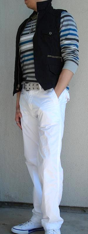 Black Vest Grey Striped T-Shirt White Pants