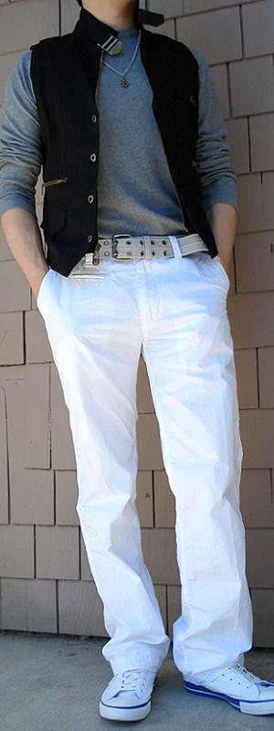 Men's Black Vest Grey Crew Neck T-Shirt White Pants