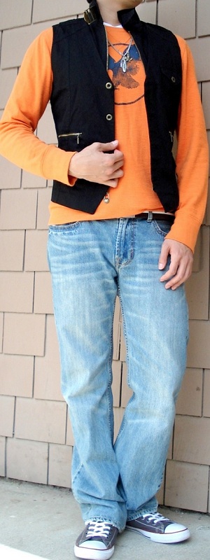 Men's Black Vest Orange Graphic Tee Brown Cotton Belt Brown Canvas Shoes