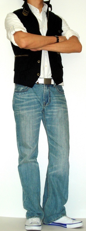 Men's Black Vest White Shirt Light Blue Jeans