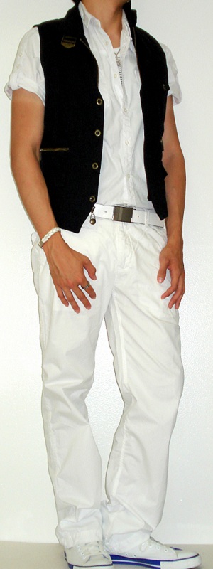 Men's Black Vest White Shirt White Belt White Pants White Sneakers