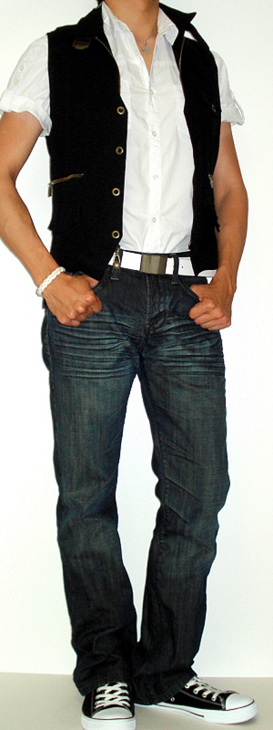 Black Vest White Short Sleeve Shirt White Belt Black Shoes - Men's