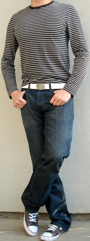 Black White Striped Long Sleeve T-Shirt White Leather Belt Gray Shoes