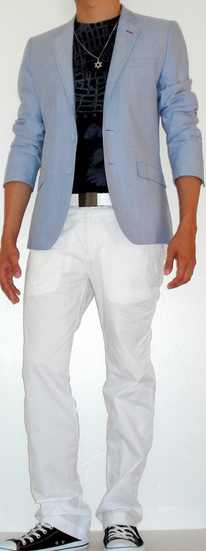 Men's Blue Blazer Black Graphic Tee Black Shoes White Pants White Belt