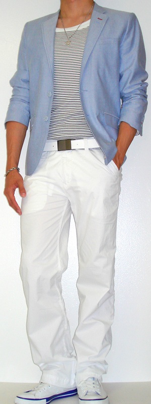 Men's Blue Blazer Black Striped Tank Vest White Belt White Pants White Canvas Shoes