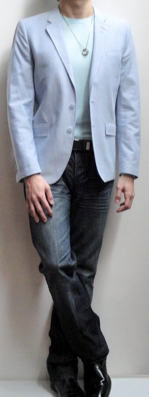 Men's Blue Blazer Light Blue Crew Neck T-shirt Dark Blue Jeans Black Leather Loafers