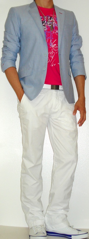 Men's Blue Blazer Pink Graphic Tee White Belt White Pants White Shoes