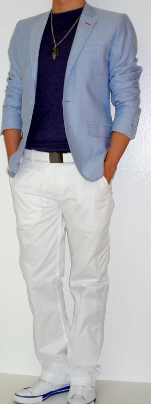 Blue Blazer Purple T-Shirt White Pants White Belt White Sneakers