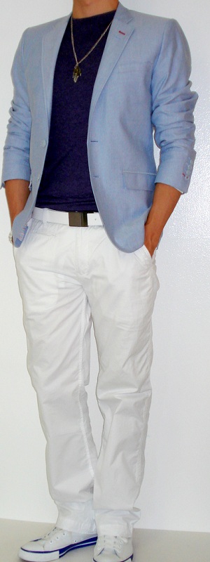 White t shirt hot sale and blue blazer