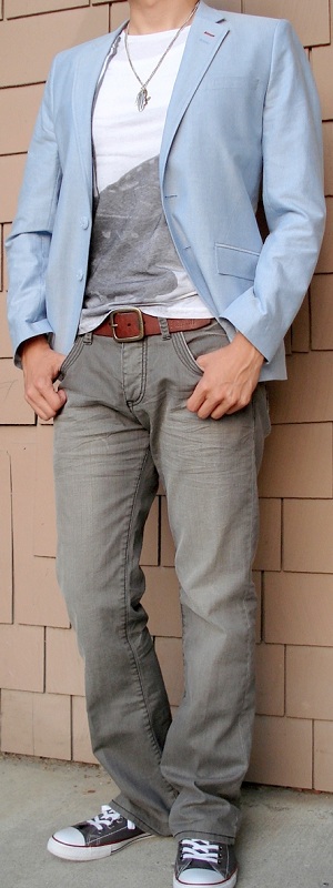 Men's Blue Blazer White Graphic Tee Brown Belt Gray Jeans Gray Shoes