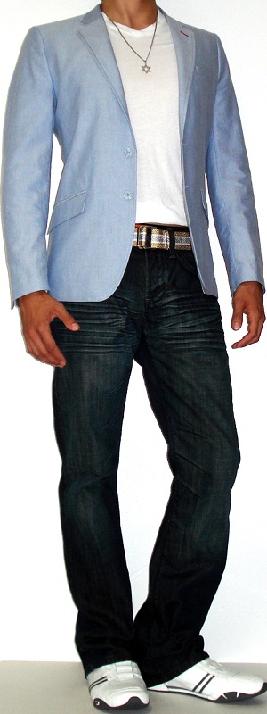 Men's Blue Blazer White T-Shirt Gold Webbing Belt White Slip On Shoes