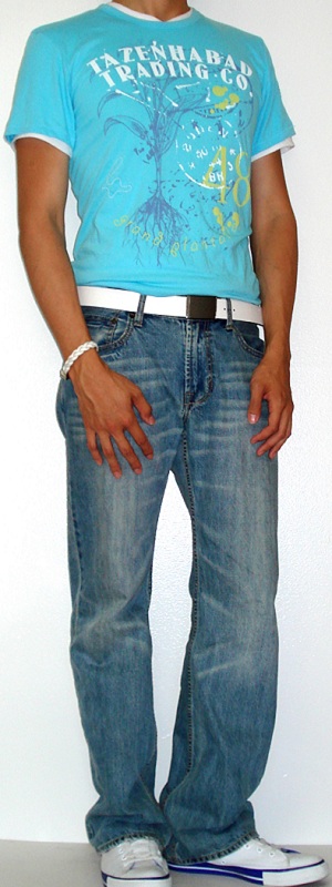 Men's Blue Graphic T-Shirt Light Blue Jeans White T-Shirt White Belt White Shoes