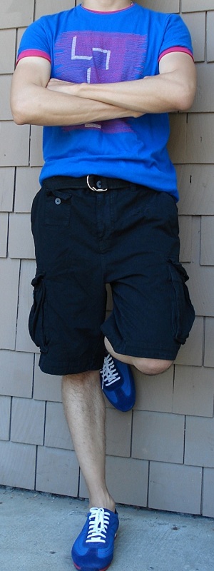 Blue Graphic Tee Black Shorts Blue Shoes