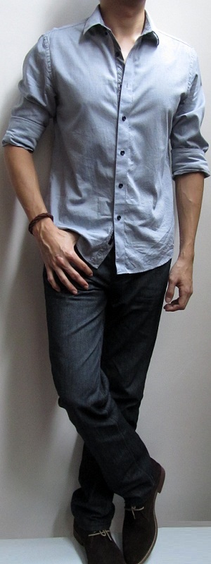 grey shirt and jeans