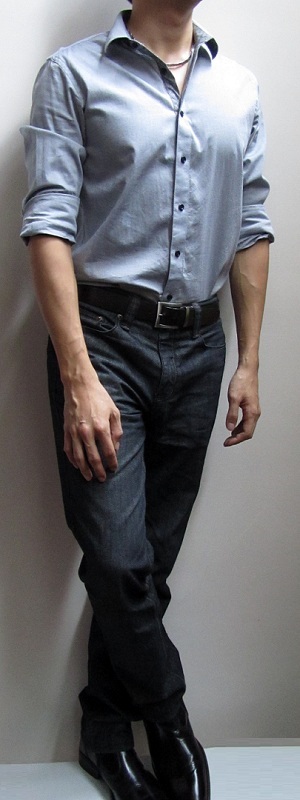 Blue Grey Shirt Dark Brown Belt Black Jeans Black Leather Shoes