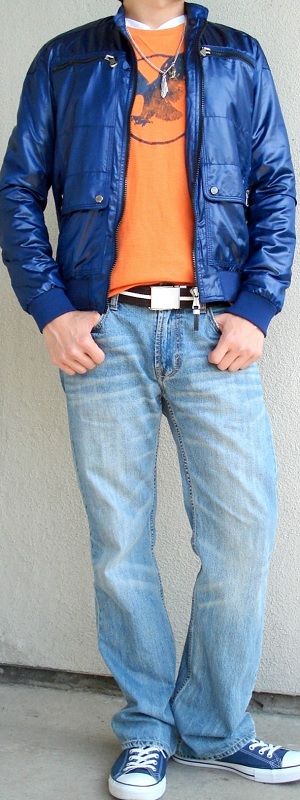 Blue Jacket Orange Graphic Tee Brown Cotton Belt Blue Sneakers