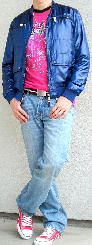 Blue Jacket Pink Graphic Tee Brown Cotton Belt Pink Sneakers
