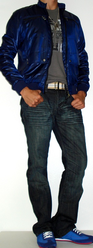 Blue Nylon Jacket Dark Blue Jeans Blue Fashion Shoes Gray Graphic T-Shirt