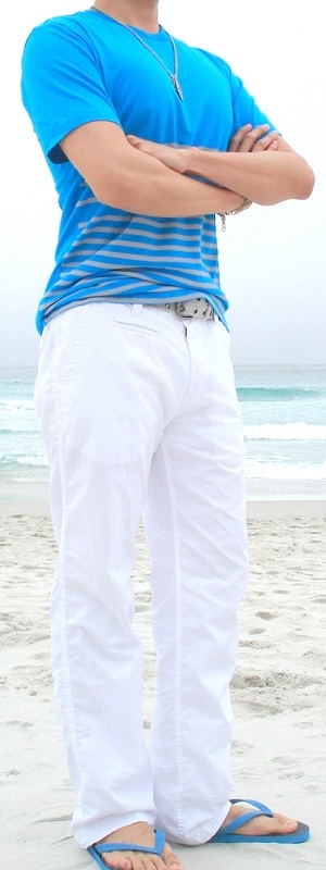 Men's Blue T-Shirt Gray Cotton Belt White Casual Pants Blue Sandals