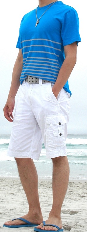 Men's Blue T-Shirt White Shorts Blue Sandals
