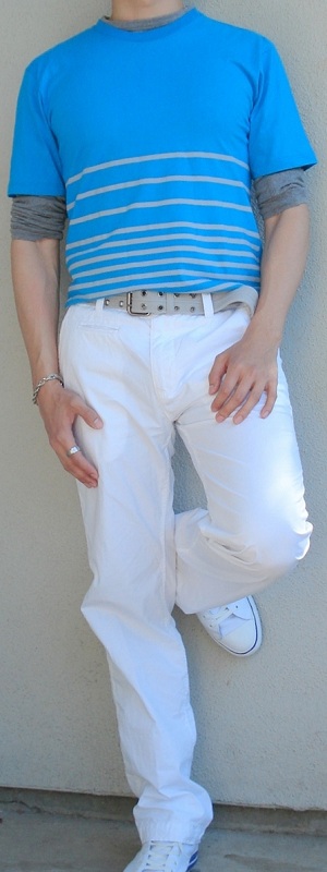 Men's Blue Tee Gray T-Shirt Gray Belt White Pants White Shoes