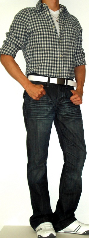 Men's Dark Blue Beige Checkered Shirt White Leather Belt Dark Blue Jeans White Sneakers