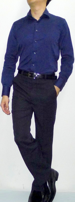 Men's Dark Blue Shirt Black Pants Black Shoes Black Belt