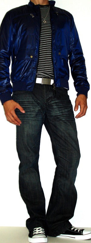 Men's Dark Blue Jacket Black Striped T-Shirt White Leather Belt Black Shoes