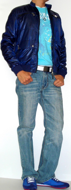 Men's Dark Blue Jacket Light Blue Jeans Blue Graphic T-Shirt Blue Shoes White Belt