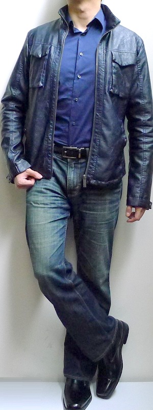 Men's Dark Blue Leather Jacket Dark Blue Shirt Dark Blue Jeans Black Shoes Black Belt