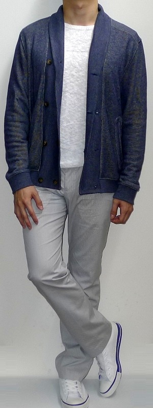 Men's Navy Shawl Jacket White Sweater Gray Pants White Canvas Shoes