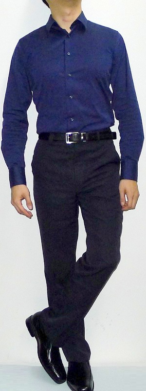 blue shirt and dark blue pants